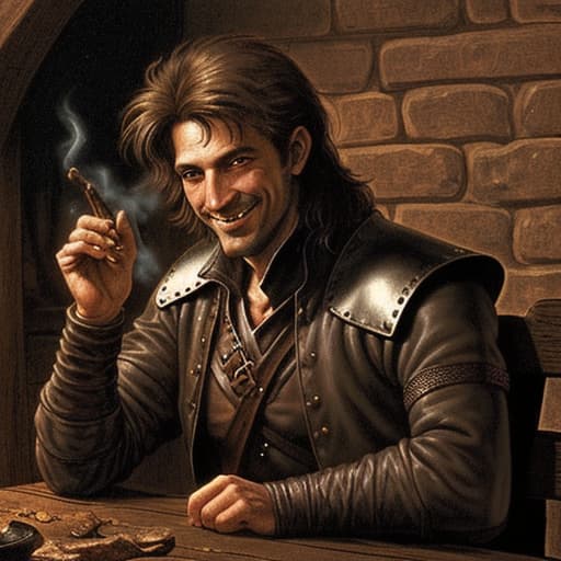  80's fantasy art, A shady man in a medieval tavern showing a small packet of dark granules. The tavern is dimly lit with wooden tables and benches, and a smoky atmosphere. The man has a sly grin and is wearing a worn leather jacket, in a secluded corner of the tavern.