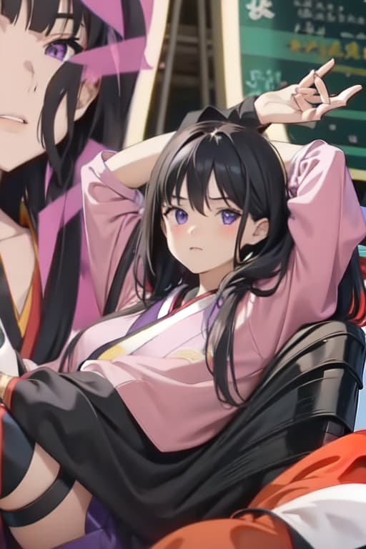  portrait of beautiful , , pose, ing legs, crazed, kimono, black hair and purple eyes