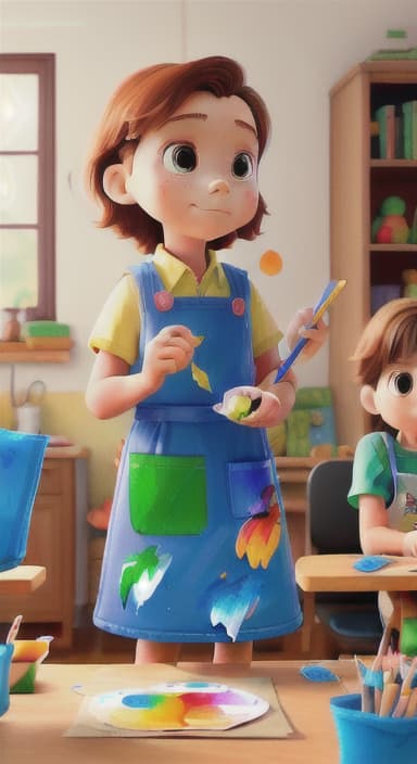  {Children gathered around a table full of paints, brushes, and paper., Kids wearing aprons, concentrating on their painting with bright colors on paper.