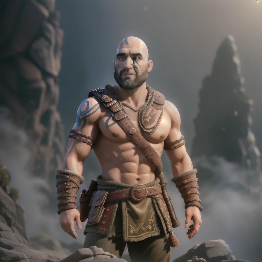  God of war hyperrealistic, full body, detailed clothing, highly detailed, cinematic lighting, stunningly beautiful, intricate, sharp focus, f/1. 8, 85mm, (centered image composition), (professionally color graded), ((bright soft diffused light)), volumetric fog, trending on instagram, trending on tumblr, HDR 4K, 8K