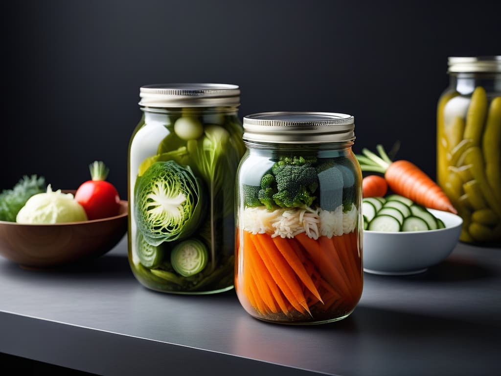  A closeup, ultradetailed image of a variety of colorful lactofermented vegetables, such as cabbage, carrots, and cucumbers, beautifully arranged in a sleek, modern glass jar. The vibrant colors and textures of the vegetables are showcased in exquisite detail, highlighting the natural beauty of the fermentation process. The minimalistic composition emphasizes the purity and simplicity of the vegan lactofermentation method, appealing to the informative and professional tone of the article. hyperrealistic, full body, detailed clothing, highly detailed, cinematic lighting, stunningly beautiful, intricate, sharp focus, f/1. 8, 85mm, (centered image composition), (professionally color graded), ((bright soft diffused light)), volumetric fog, trending on instagram, trending on tumblr, HDR 4K, 8K