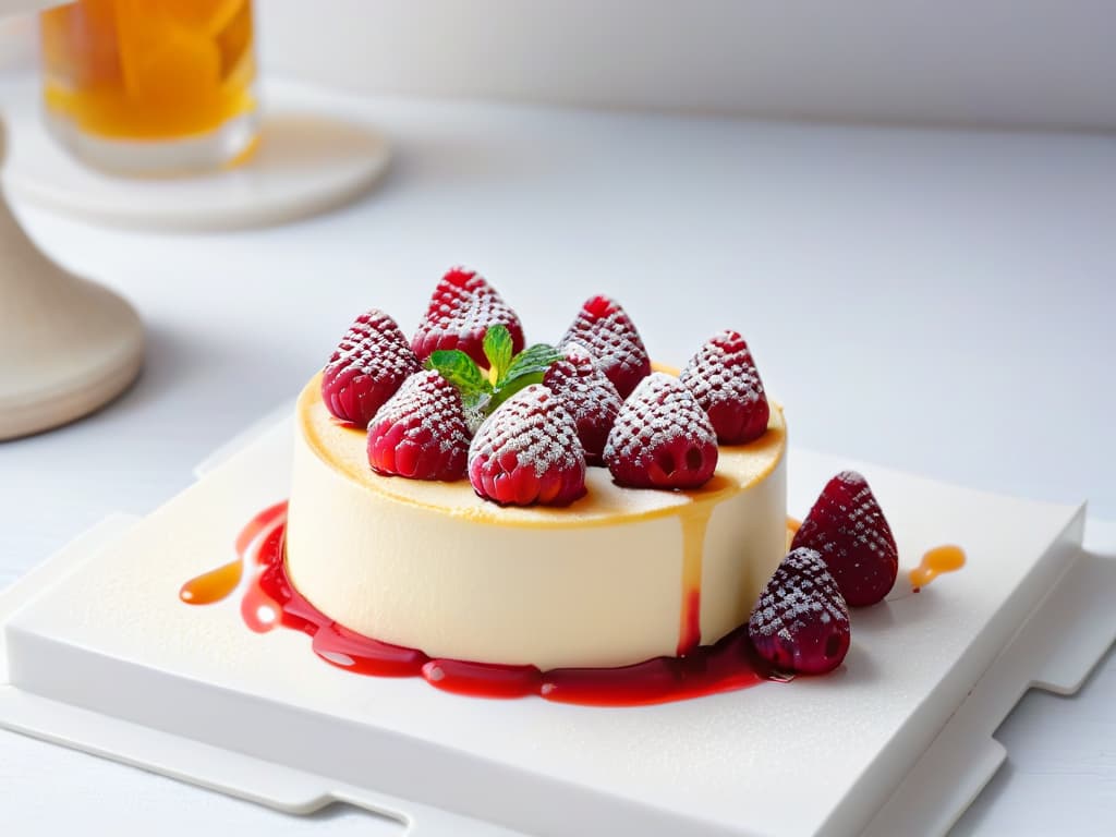  A closeup, ultradetailed image of a perfectly cooked sous vide cheesecake with a golden, caramelized surface, resting on a sleek, modern white plate. The cheesecake is garnished with fresh raspberries, mint leaves, and a delicate drizzle of raspberry coulis, showcasing the precision and elegance of sous vide cooking in pastry. hyperrealistic, full body, detailed clothing, highly detailed, cinematic lighting, stunningly beautiful, intricate, sharp focus, f/1. 8, 85mm, (centered image composition), (professionally color graded), ((bright soft diffused light)), volumetric fog, trending on instagram, trending on tumblr, HDR 4K, 8K