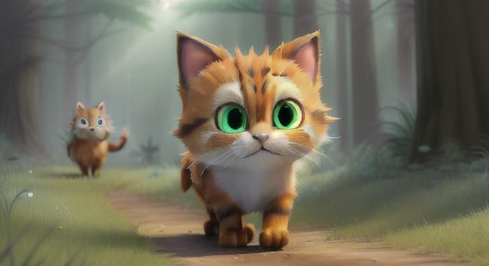  {Whiskers running past tall trees, entering a shadowy forest that seems a bit spooky., Whiskers is a small, fluffy cat with bright, green eyes and soft, orange fur. He wears a little blue collar with a shiny silver tag. Whiskers is always curious and loves to explore.