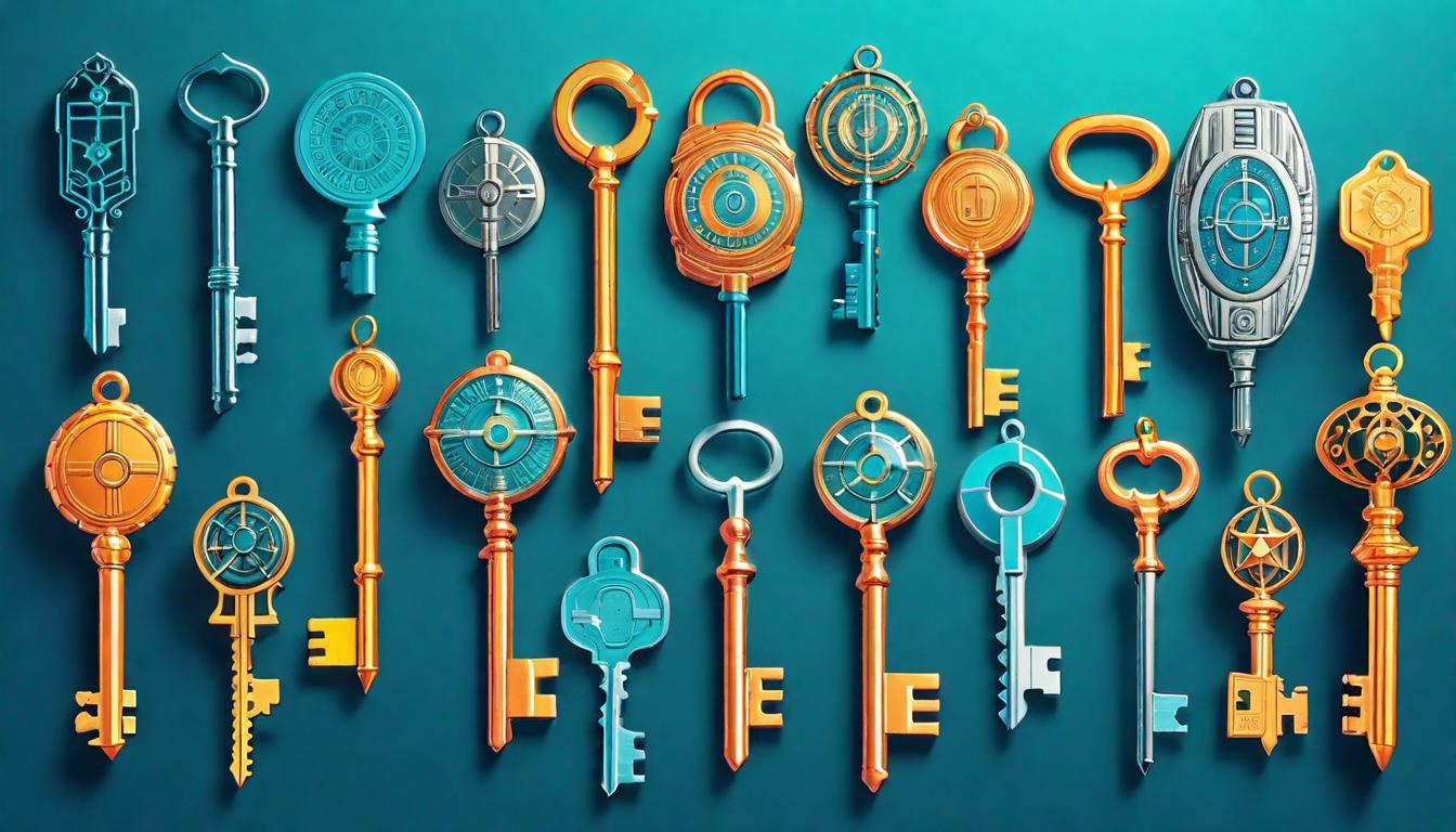  retro futuristic Collection of unique keys, each representing a story, a community that unlocks understanding and acceptance lvintage sci fi, 50s and 60s style, atomic age, vibrant, highly detailed