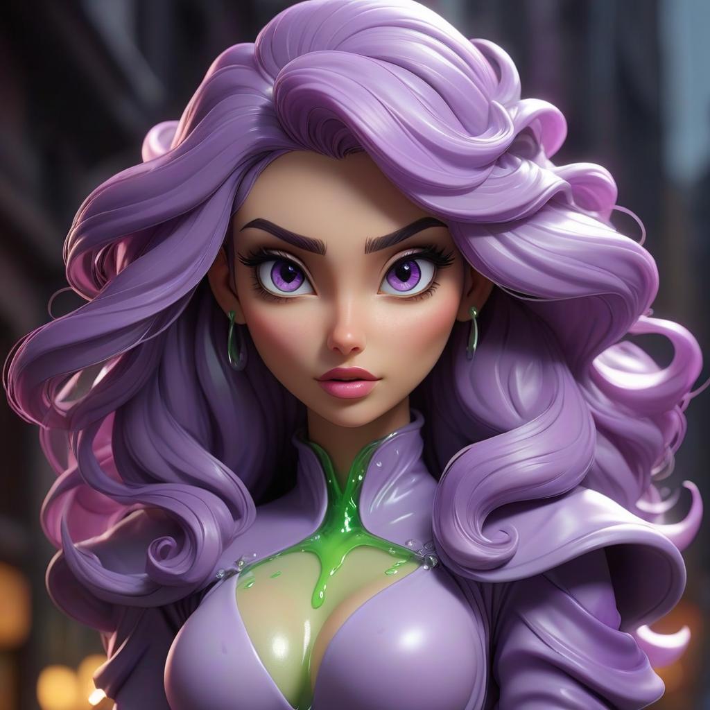  Drawn picture in cartoon style, plasmoid, anthropomorphic creature, girl shaped slime with a purple tint. hyperrealistic, full body, detailed clothing, highly detailed, cinematic lighting, stunningly beautiful, intricate, sharp focus, f/1. 8, 85mm, (centered image composition), (professionally color graded), ((bright soft diffused light)), volumetric fog, trending on instagram, trending on tumblr, HDR 4K, 8K