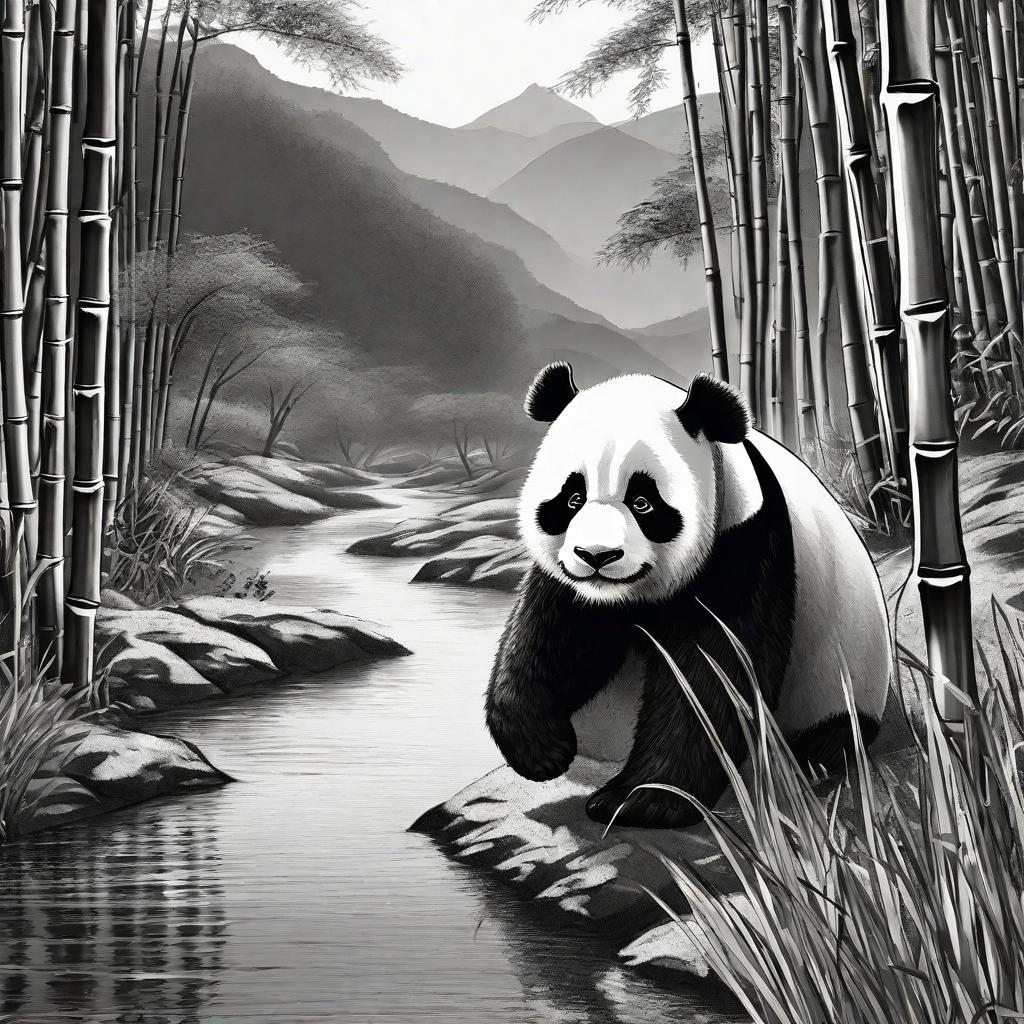  (masterpiece), high detailed, no humans, ((panda)), (solo), black and white, Valley, Bamboo Forest, Stream Water, Grassland, Dusk