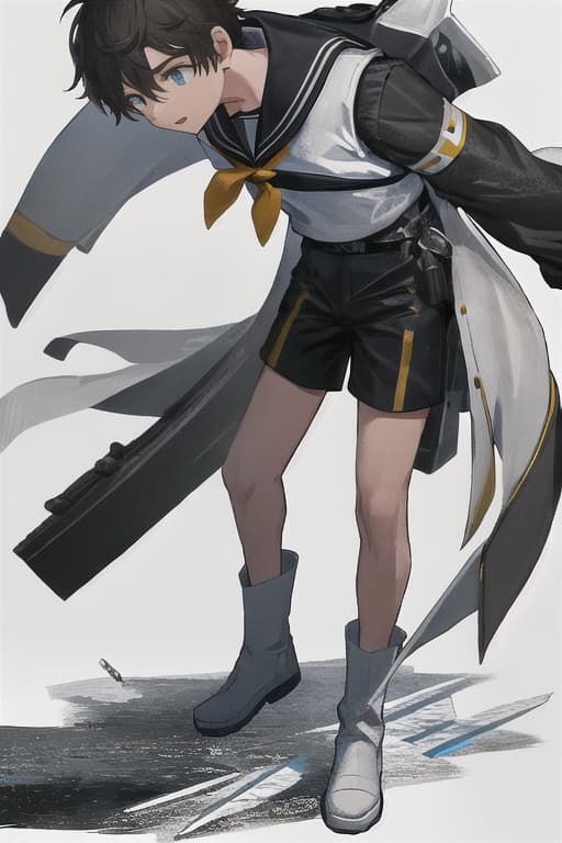  White background, long boots, front facing, boy, sailor suit, shorts, movement standing figure