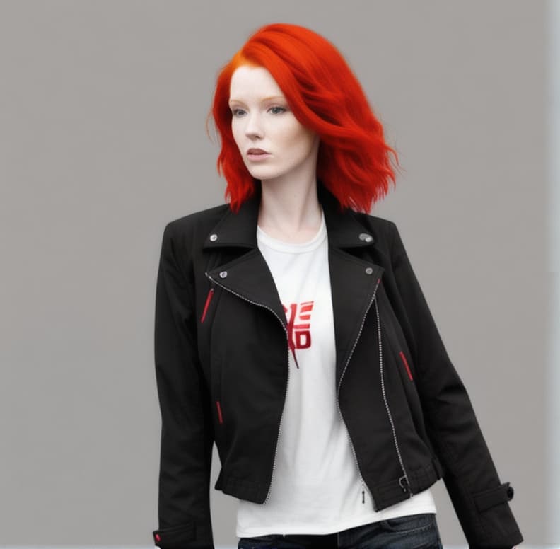  Woman with red hair and a black jacket