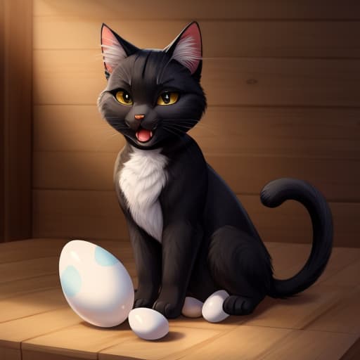  cat, egg, oviposition, black cat,, open eyes, digital art, masterpiece, 4k, fine details,