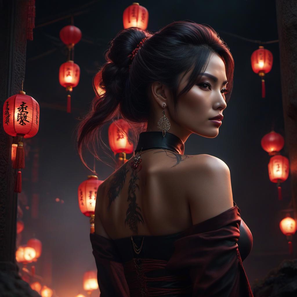  A girl from waist up, dragon tattoo on spine, moody, red lighting, piercings, dark clothing, rock, Chinese lanterns in the background. hyperrealistic, full body, detailed clothing, highly detailed, cinematic lighting, stunningly beautiful, intricate, sharp focus, f/1. 8, 85mm, (centered image composition), (professionally color graded), ((bright soft diffused light)), volumetric fog, trending on instagram, trending on tumblr, HDR 4K, 8K