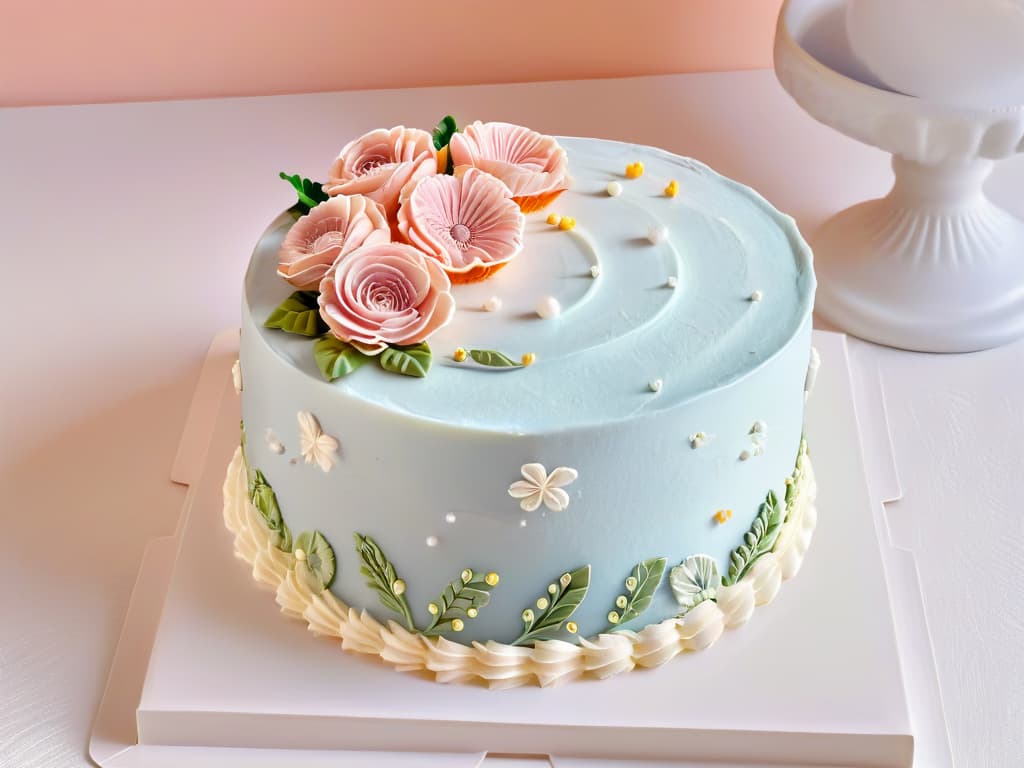  An ultradetailed closeup image of a perfectly frosted cake with intricate piped floral designs in pastel colors, showcasing the combination of various pastry techniques for a truly stunning and professional finish. hyperrealistic, full body, detailed clothing, highly detailed, cinematic lighting, stunningly beautiful, intricate, sharp focus, f/1. 8, 85mm, (centered image composition), (professionally color graded), ((bright soft diffused light)), volumetric fog, trending on instagram, trending on tumblr, HDR 4K, 8K