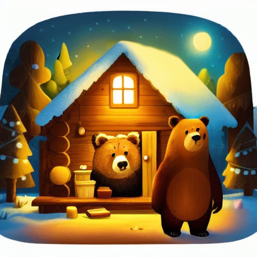  Bear is standing, in a cabin, dimly lit