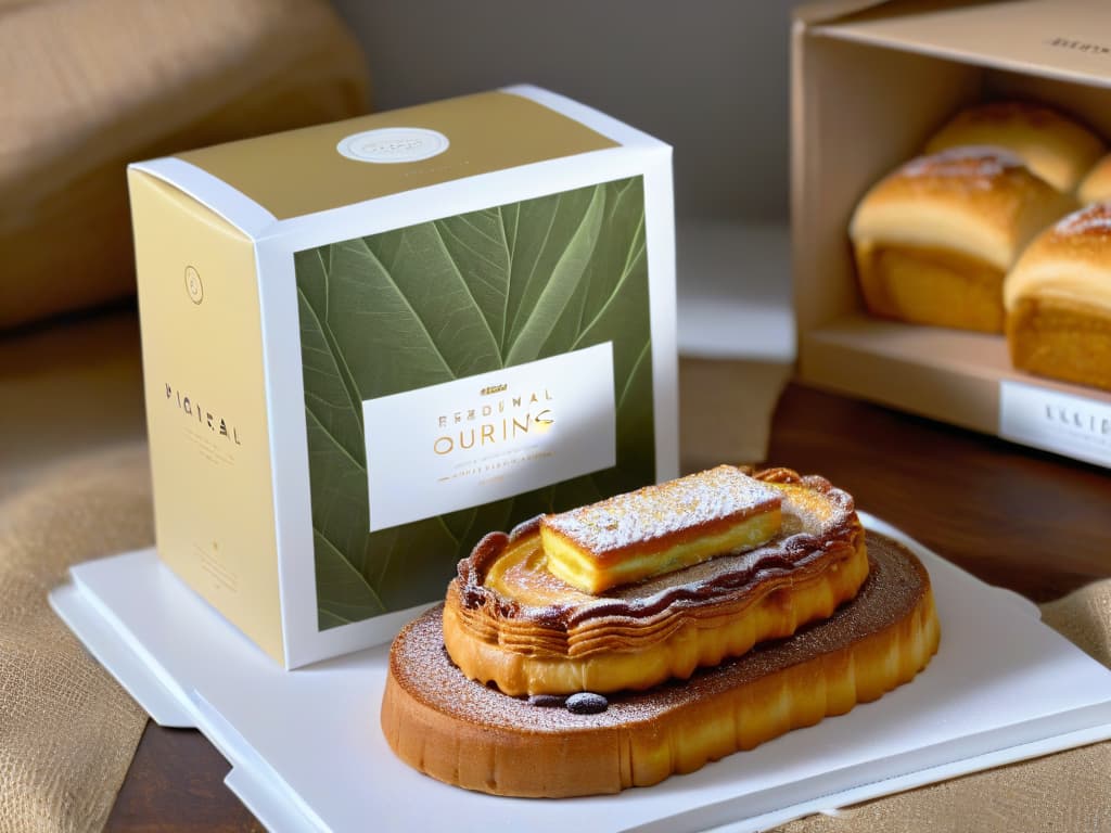  A closeup, ultradetailed image of a beautifully crafted ecofriendly packaging made of recycled materials, showcasing intricate designs and sustainable elements like recycled paper, natural dyes, and minimalist branding. The packaging is elegantly wrapped around a batch of freshly baked artisanal pastries, exuding a sense of ecoconscious sophistication and craftsmanship. The background is softly blurred to keep the focus on the sustainable packaging, creating a visually striking and inspiring composition for the conclusion of the article. hyperrealistic, full body, detailed clothing, highly detailed, cinematic lighting, stunningly beautiful, intricate, sharp focus, f/1. 8, 85mm, (centered image composition), (professionally color graded), ((bright soft diffused light)), volumetric fog, trending on instagram, trending on tumblr, HDR 4K, 8K