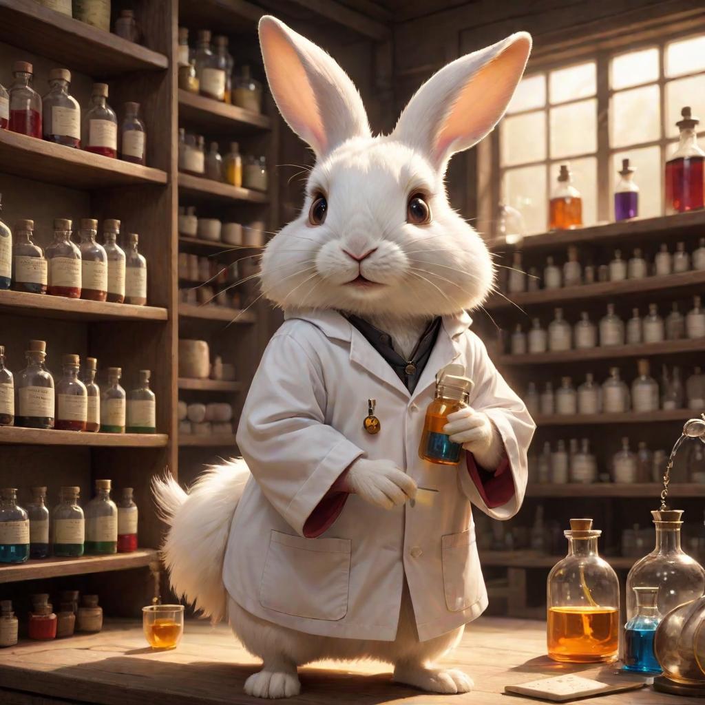  upper body, Rabbit Cheeseville, Soft Alchemical Glow, Curious and Inquisitive, Tiny and Nimble, Whiskers and Bright Eyes, Scientific Lab Coat with a Pocket Protector, Alchemical Laboratory with Potion filled Shelves, Chemist and Alchemist in the Mouse Lab