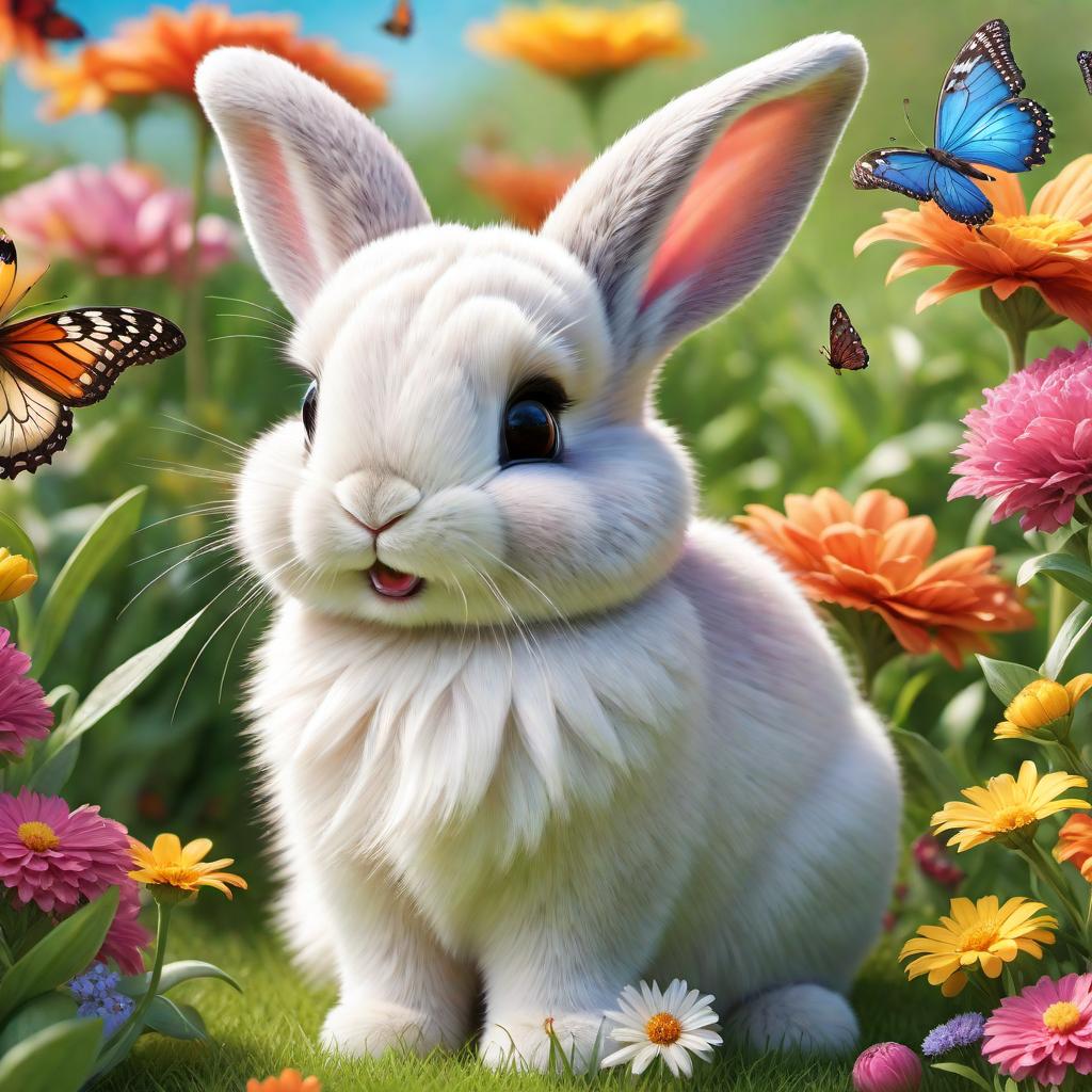  A cute and happy bunny with big floppy ears, a fluffy tail, and a bright smile, surrounded by colorful flowers and butterflies in a sunny meadow. hyperrealistic, full body, detailed clothing, highly detailed, cinematic lighting, stunningly beautiful, intricate, sharp focus, f/1. 8, 85mm, (centered image composition), (professionally color graded), ((bright soft diffused light)), volumetric fog, trending on instagram, trending on tumblr, HDR 4K, 8K