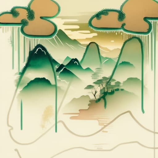  Chinese style landscape painting, mountains, rivers, clouds