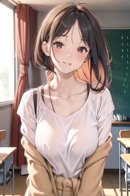  Masterpiece,1girl, parted lips, blush, makeup, light smile, uniform, classroom, light rays, glow,, collarbone, narrow waist, (masterpiece), wallpaper, sheer shirt, uncensored and hips, full body