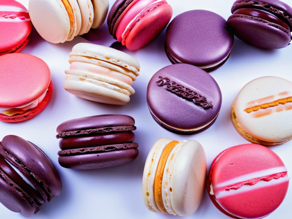  A closeup, ultradetailed image of colorful macarons arranged in a perfect gradient from light pink to deep purple, against a stark white background. Each macaron is delicately crafted, showcasing smooth, glossy shells with intricate ganache fillings peeking out, capturing the essence of precision and artistry in pastrymaking. hyperrealistic, full body, detailed clothing, highly detailed, cinematic lighting, stunningly beautiful, intricate, sharp focus, f/1. 8, 85mm, (centered image composition), (professionally color graded), ((bright soft diffused light)), volumetric fog, trending on instagram, trending on tumblr, HDR 4K, 8K