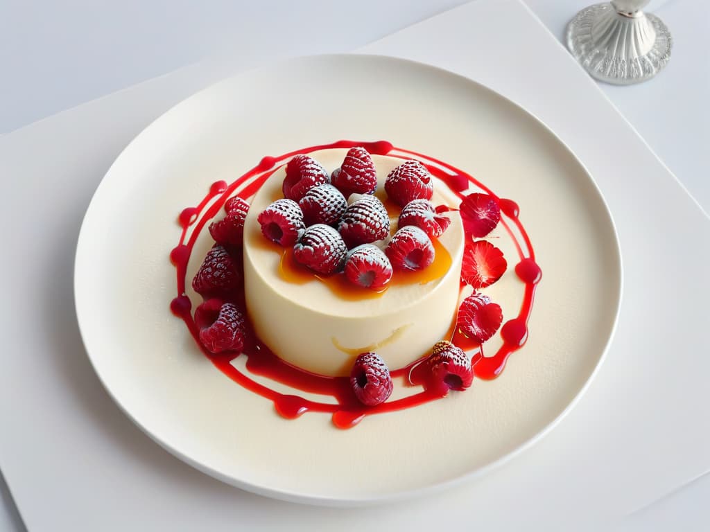  A minimalist, ultradetailed image of a perfectly set Panna Cotta Fit dessert elegantly garnished with vibrant raspberries and a drizzle of honey, all placed on a sleek, modern plate with a subtle matte finish. The creamy texture of the Panna Cotta should be visible, showcasing a smooth surface that reflects the light in a soft, inviting manner. The raspberries should appear plump and juicy, adding a pop of color to the otherwise monochromatic scene, while the honey drizzle creates intricate patterns on the dessert. The composition should exude sophistication and healthy indulgence, perfect for the gourmets seeking a refined yet wholesome treat. hyperrealistic, full body, detailed clothing, highly detailed, cinematic lighting, stunningly beautiful, intricate, sharp focus, f/1. 8, 85mm, (centered image composition), (professionally color graded), ((bright soft diffused light)), volumetric fog, trending on instagram, trending on tumblr, HDR 4K, 8K