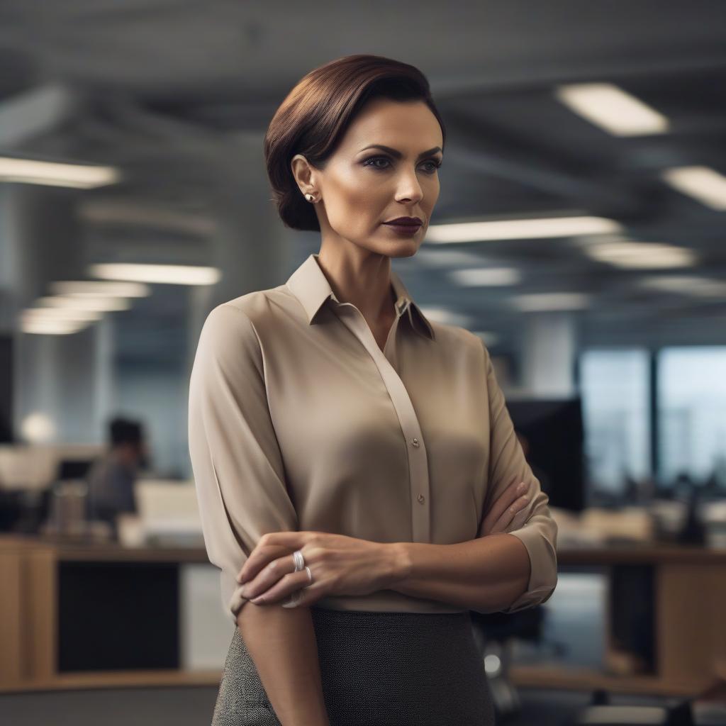  phone photo of woman with short hair in the office, uploaded on snapchat hyperrealistic, full body, detailed clothing, highly detailed, cinematic lighting, stunningly beautiful, intricate, sharp focus, f/1. 8, 85mm, (centered image composition), (professionally color graded), ((bright soft diffused light)), volumetric fog, trending on instagram, trending on tumblr, HDR 4K, 8K