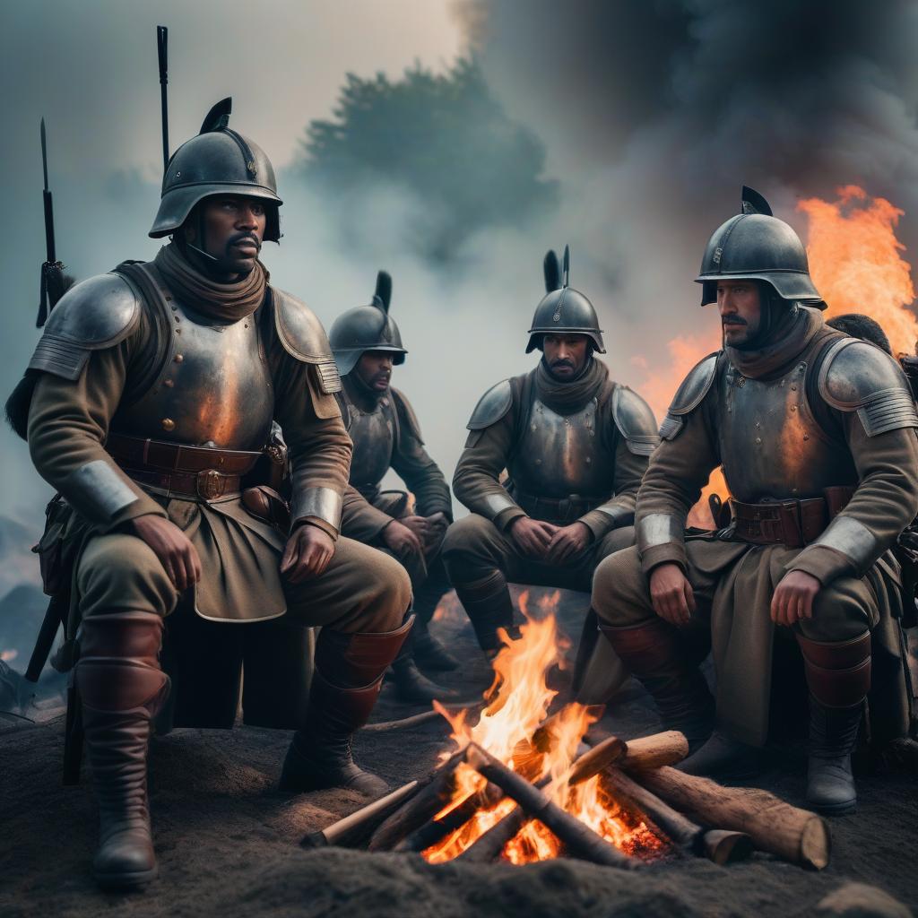  A group of tall soldiers sit around the fire hyperrealistic, full body, detailed clothing, highly detailed, cinematic lighting, stunningly beautiful, intricate, sharp focus, f/1. 8, 85mm, (centered image composition), (professionally color graded), ((bright soft diffused light)), volumetric fog, trending on instagram, trending on tumblr, HDR 4K, 8K