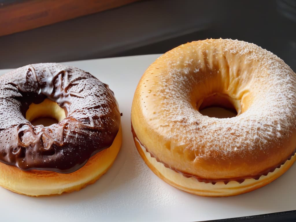  A highresolution, ultradetailed image showcasing a sidebyside comparison of freshly baked and fried donuts. On the left, a perfectly goldenbrown, glazed donut straight out of the oven, with visible steam rising from its fluffy interior. On the right, a crispy, perfectly fried donut with a light dusting of powdered sugar. The contrasting textures and colors of the two donuts highlight the article's comparison between baked and fried versions, appealing to the audience's visual senses and emphasizing the healthier option of baked treats. hyperrealistic, full body, detailed clothing, highly detailed, cinematic lighting, stunningly beautiful, intricate, sharp focus, f/1. 8, 85mm, (centered image composition), (professionally color graded), ((bright soft diffused light)), volumetric fog, trending on instagram, trending on tumblr, HDR 4K, 8K