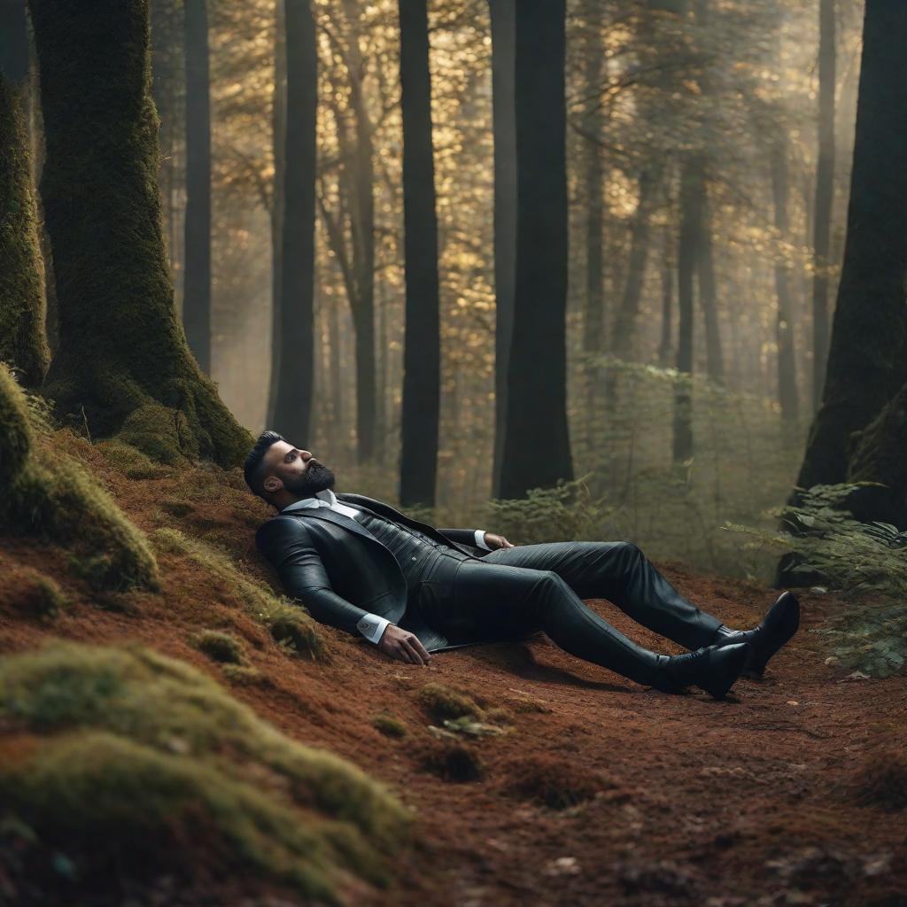  A man lying in a clearing in a forest, dark fantasy style hyperrealistic, full body, detailed clothing, highly detailed, cinematic lighting, stunningly beautiful, intricate, sharp focus, f/1. 8, 85mm, (centered image composition), (professionally color graded), ((bright soft diffused light)), volumetric fog, trending on instagram, trending on tumblr, HDR 4K, 8K