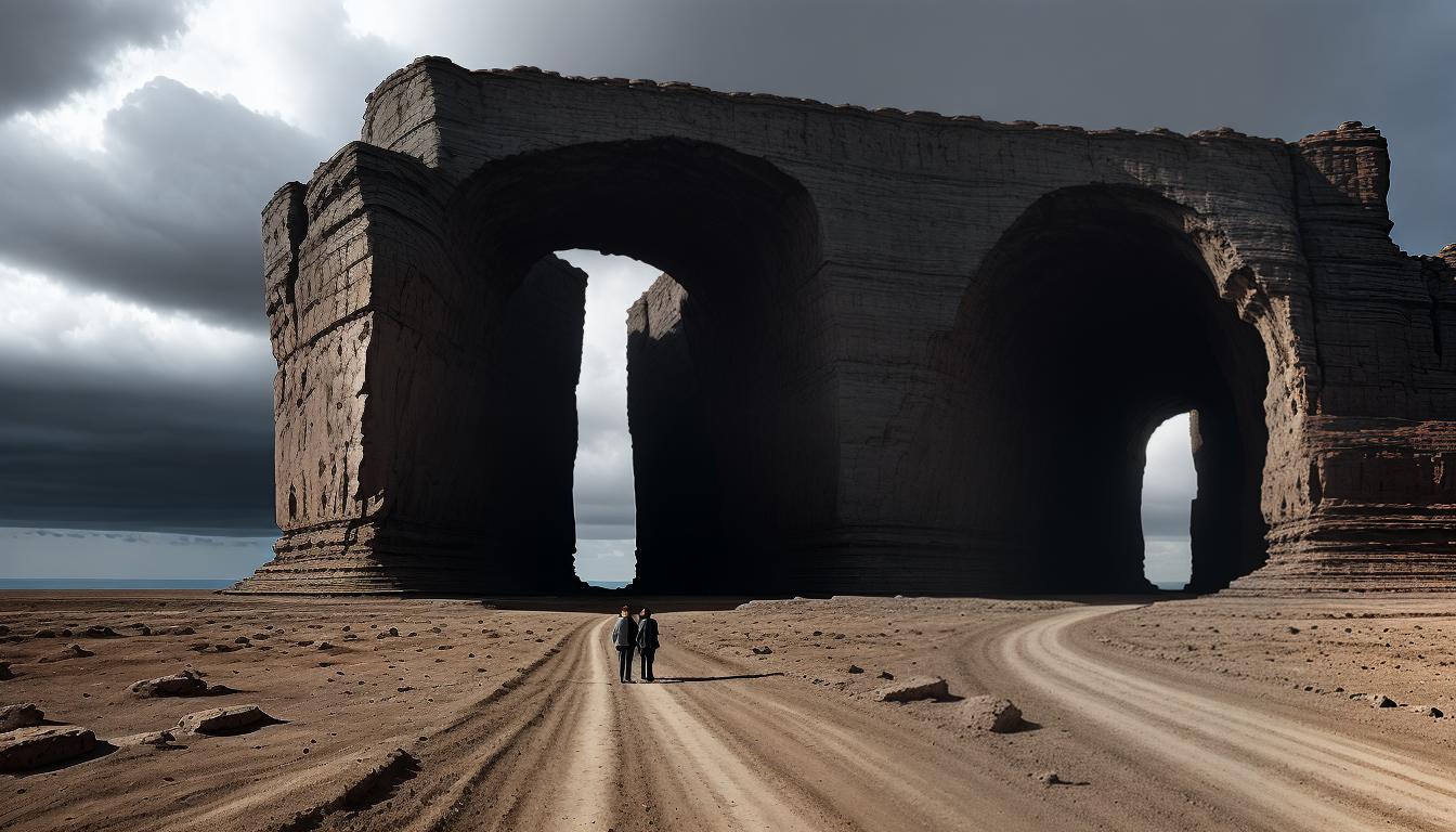  digital illustration, Wide chasm or rift, separating two figures on opposite sides, cloudy sky, barren landscape, sense of disconnect, barren, desolate, looking at viewer, dynamic pose, (intricate details, masterpiece, best quality)