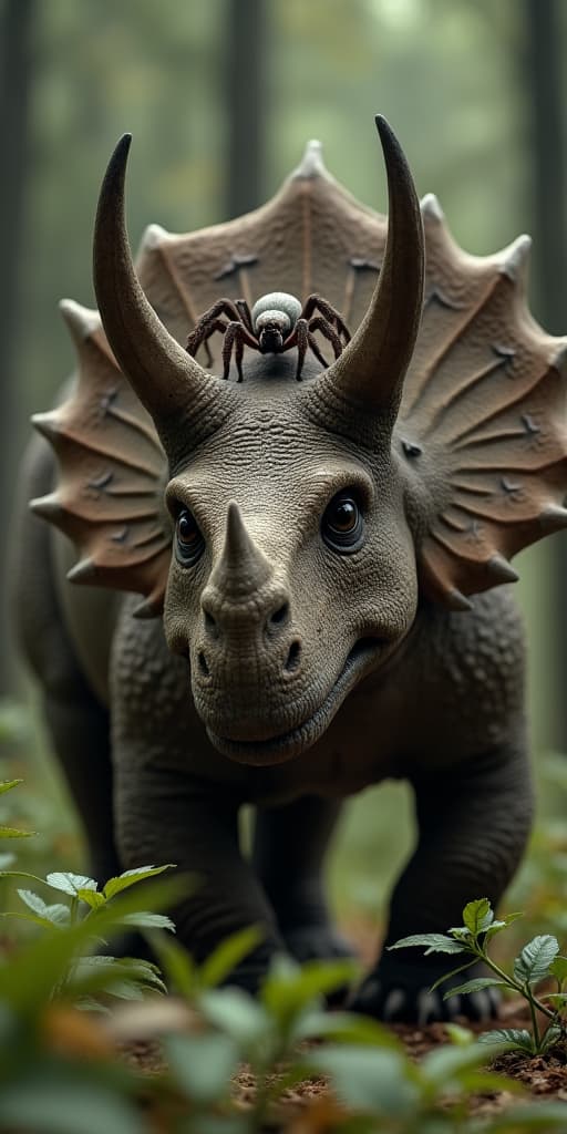  good quality, high quality, a small spider sitting on the head of a big triceratops, in the forest, realistic, highly detailed