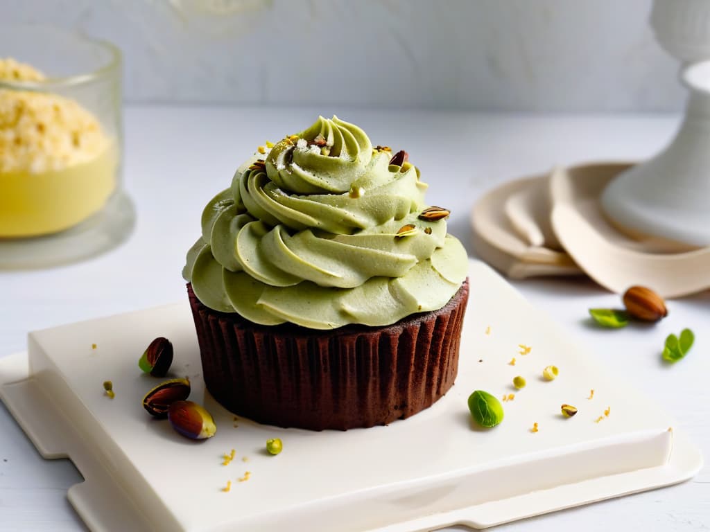  A closeup, ultradetailed image of a beautifully decorated vegan chocolate cupcake, topped with a swirl of creamy dairyfree frosting and a sprinkle of crushed pistachios, placed on a sleek, modern plate against a soft, blurred background of a kitchen with natural light streaming in through a window. The cupcake is perfectly moist and rich in texture, showcasing the indulgent possibilities of vegan baking, with each crumb and pistachio piece sharply in focus, highlighting the intricate details of this delectable dessert. hyperrealistic, full body, detailed clothing, highly detailed, cinematic lighting, stunningly beautiful, intricate, sharp focus, f/1. 8, 85mm, (centered image composition), (professionally color graded), ((bright soft diffused light)), volumetric fog, trending on instagram, trending on tumblr, HDR 4K, 8K