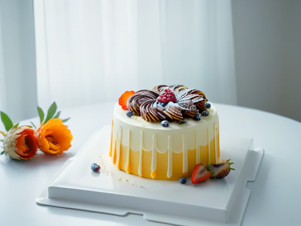  An elegant minimalist kitchen counter with an assortment of colorful vegan glutenfree baked goods arranged artfully on a sleek white plate, showcasing a beautifully crafted vegan glutenfree cake, cookies, and muffins. The soft natural light filtering in through a nearby window illuminates the textures and colors of the treats, enhancing their appeal and inviting the viewer to explore the world of innovative vegan glutenfree baking. hyperrealistic, full body, detailed clothing, highly detailed, cinematic lighting, stunningly beautiful, intricate, sharp focus, f/1. 8, 85mm, (centered image composition), (professionally color graded), ((bright soft diffused light)), volumetric fog, trending on instagram, trending on tumblr, HDR 4K, 8K