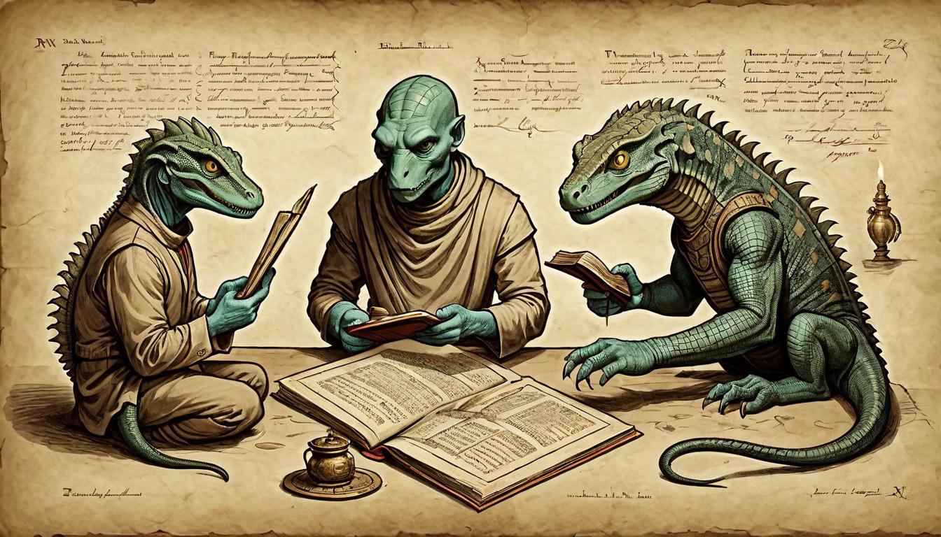  on parchment, surrealism+++, Two individuals, one human, one reptilian, engaging in different activities, human reading an ancient tome, reptilian crafting a mysterious artifact, setting in an eclectic study filled with arcane objects, introspective, peaceful coexistence(mysterious, provocative, symbolic,muted color)+++