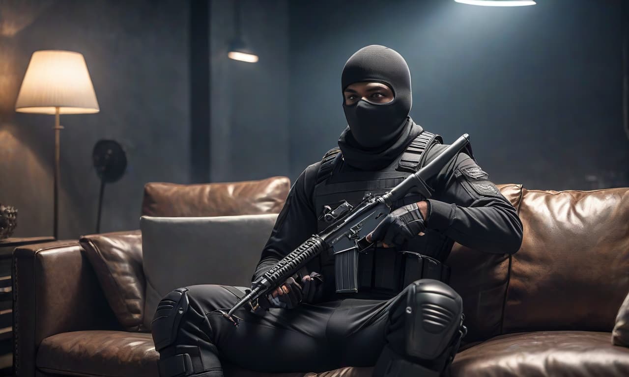  Draw a soldier sitting on a couch, wearing a balaclava on his head, in a black Adidas sports outfit with three white stripes, without gloves, holding a gun in his hands. hyperrealistic, full body, detailed clothing, highly detailed, cinematic lighting, stunningly beautiful, intricate, sharp focus, f/1. 8, 85mm, (centered image composition), (professionally color graded), ((bright soft diffused light)), volumetric fog, trending on instagram, trending on tumblr, HDR 4K, 8K