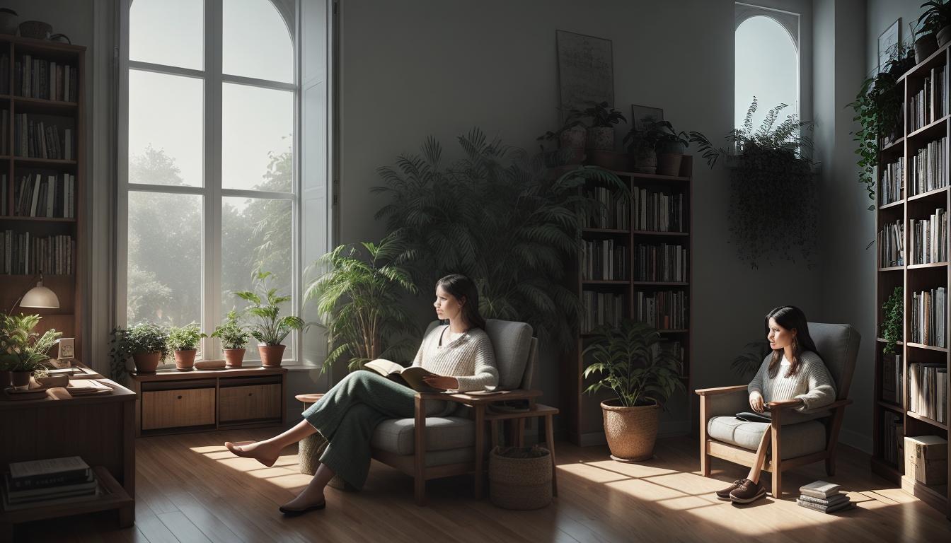  digital illustration, A well lit room with a figure seated in peaceful contemplation, books and plants around, serene ambiance, self sufficiency, cozy, warm light, looking at viewer, dynamic pose, (intricate details, masterpiece, best quality)