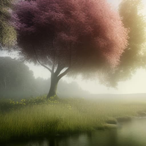 redshift style white flower tree next to large river, , lush green, some cute house