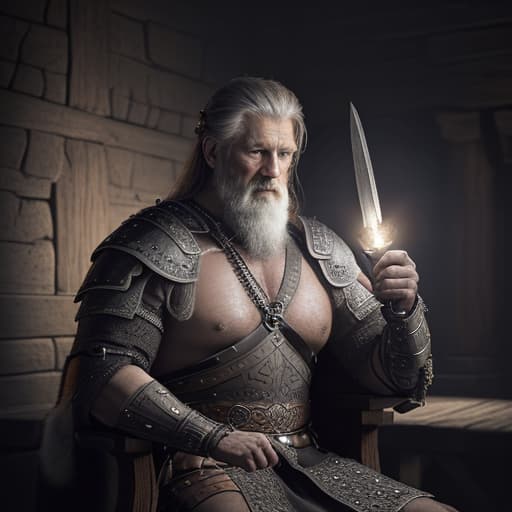  Highest quality, masterpiece, photorealistic, medium shot, RAW photo, of (a weary-looking but still proud and fierce-looking old Viking warrior, now the leader of his village, dressed in elaborately detailed chain mail and leather armour, sitting on a carved wooden throne furrowed with Viking runes and symbols, in the village meeting hall, on his lap rests an elaborately carved and beautifully crafted longsword, a few torches burn on the walls, giving the scene a dark atmosphere but sculpting the forms in sharp chiaroscuro), it is night time, (highly detailed skin), skin texture, (detailed face), detailed background, sharp focus, dark lighting, twilight lighting, volumetric lighting, highly detailed, intricate details, 8k, highly detailed,  hyperrealistic, full body, detailed clothing, highly detailed, cinematic lighting, stunningly beautiful, intricate, sharp focus, f/1. 8, 85mm, (centered image composition), (professionally color graded), ((bright soft diffused light)), volumetric fog, trending on instagram, trending on tumblr, HDR 4K, 8K