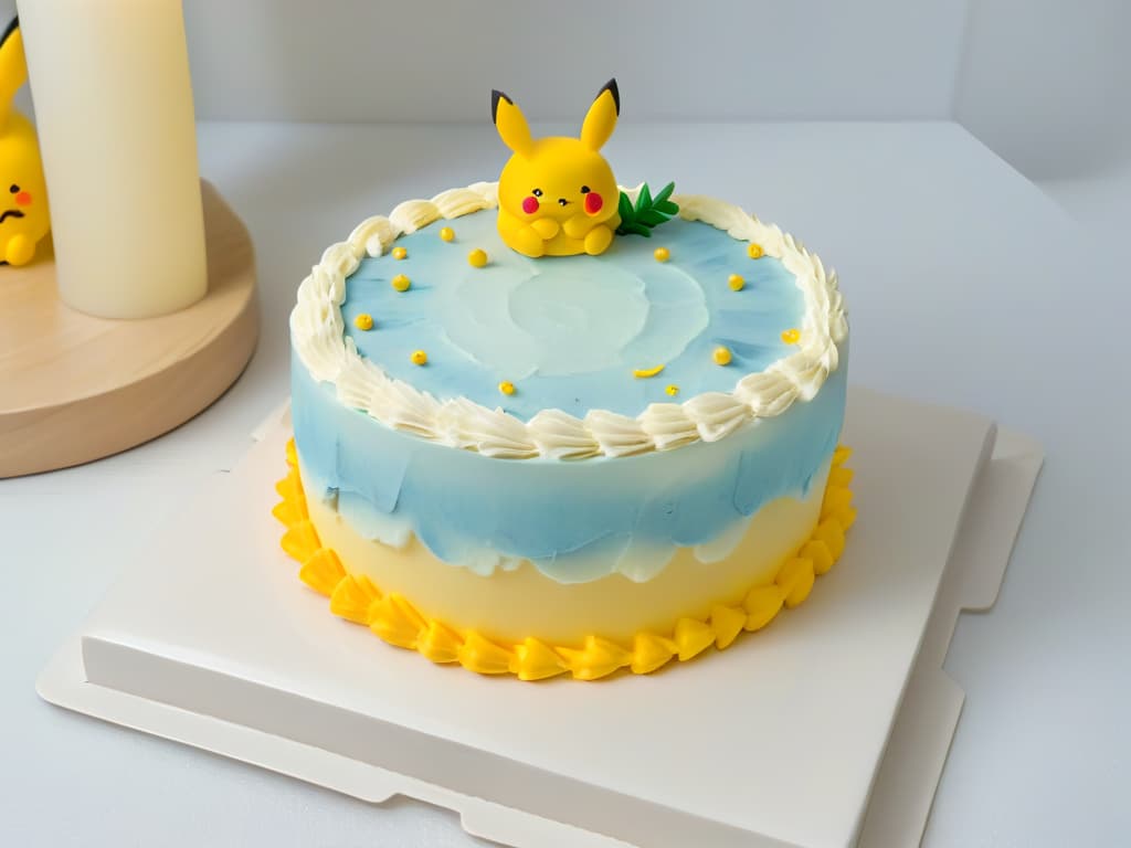  A closeup, ultradetailed image of a perfectly frosted Pikachuthemed cake, featuring intricate details like rosy cheeks, lightningshaped tail, and expressive eyes. The cake is placed on a sleek, white marble countertop, surrounded by scattered yellow and black sprinkles for a pop of color against the minimalistic background. hyperrealistic, full body, detailed clothing, highly detailed, cinematic lighting, stunningly beautiful, intricate, sharp focus, f/1. 8, 85mm, (centered image composition), (professionally color graded), ((bright soft diffused light)), volumetric fog, trending on instagram, trending on tumblr, HDR 4K, 8K