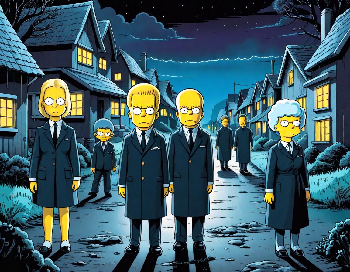  manga artwork Village of the damned, in the style of the simpsons, night scene, glowing eyes. manga artist. manga, highly emotional. best quality, high resolution