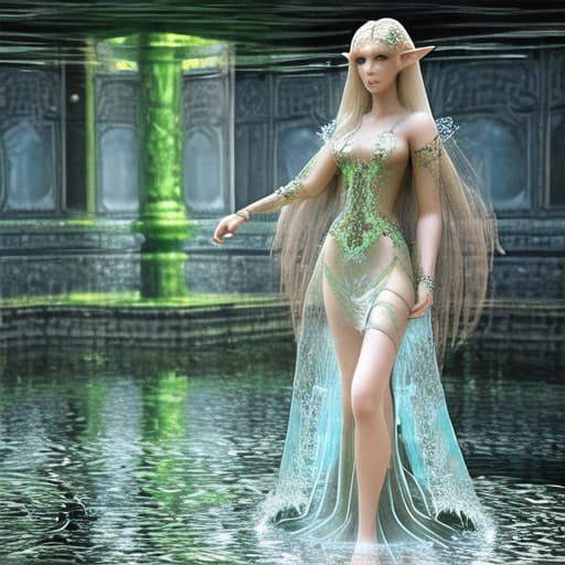  3D beautiful elf,long thick hair,transparent dress with intricate ornaments,intricate intricate jewelry,standing waist-deep in water,gothic bathhouse,vine,hdr, UHD,fantasy,in the style of Ann Stokes