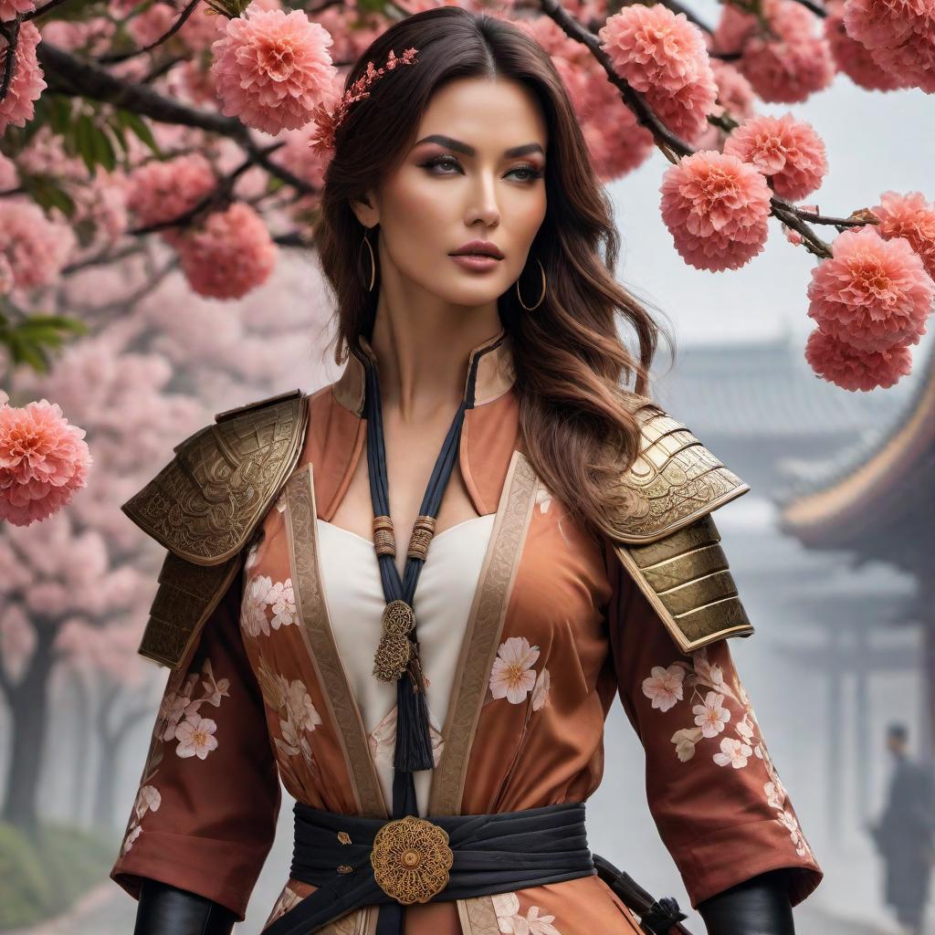  An urban samurai-inspired outfit combined with the Odyssey style. The ensemble includes modern, sleek lines with traditional samurai armor influences. Flower prints are subtly integrated on pockets and other areas. The color palette consists of earthy tones with occasional vibrant highlights, representing the fusion of ancient traditions and modern urban warrior aesthetics. hyperrealistic, full body, detailed clothing, highly detailed, cinematic lighting, stunningly beautiful, intricate, sharp focus, f/1. 8, 85mm, (centered image composition), (professionally color graded), ((bright soft diffused light)), volumetric fog, trending on instagram, trending on tumblr, HDR 4K, 8K