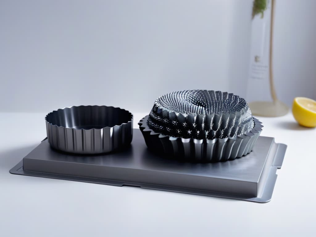  A highresolution, minimalist image of two beautifully crafted baking molds side by side on a sleek, modern kitchen countertop. The first mold is a traditional, gleaming metal one with intricate detailing, while the second is a sleek, matte silicone mold with a contemporary design. The soft lighting highlights the texture and quality of both molds, showcasing their individual characteristics and inviting the viewer to ponder the choice between traditional metal and innovative silicone. hyperrealistic, full body, detailed clothing, highly detailed, cinematic lighting, stunningly beautiful, intricate, sharp focus, f/1. 8, 85mm, (centered image composition), (professionally color graded), ((bright soft diffused light)), volumetric fog, trending on instagram, trending on tumblr, HDR 4K, 8K