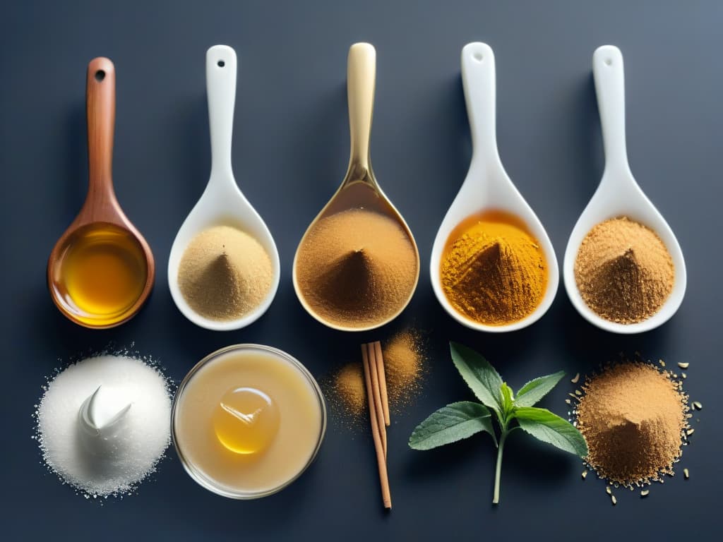  A closeup, ultradetailed image of a variety of natural sweeteners like honey, agave syrup, stevia leaves, and coconut sugar neatly arranged on a sleek, modern, and minimalist white background. Each sweetener is perfectly captured to showcase its texture, color, and unique characteristics, creating a visually appealing and informative image for the audience interested in healthy baking alternatives. hyperrealistic, full body, detailed clothing, highly detailed, cinematic lighting, stunningly beautiful, intricate, sharp focus, f/1. 8, 85mm, (centered image composition), (professionally color graded), ((bright soft diffused light)), volumetric fog, trending on instagram, trending on tumblr, HDR 4K, 8K