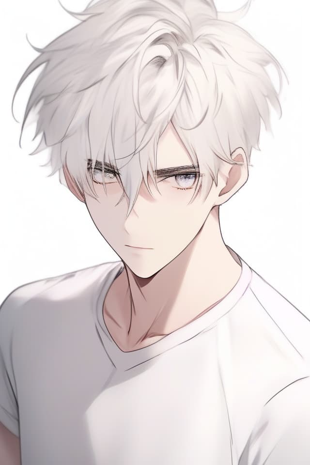  (slightly wavy mash hair)(cool young man)(handsome)(close up of upper body)(monochrome)(black and white)(handsome)(white hair color) masterpiece,two block hair with long bangs,handsome,wearing white cutter shirt,high quality,8k