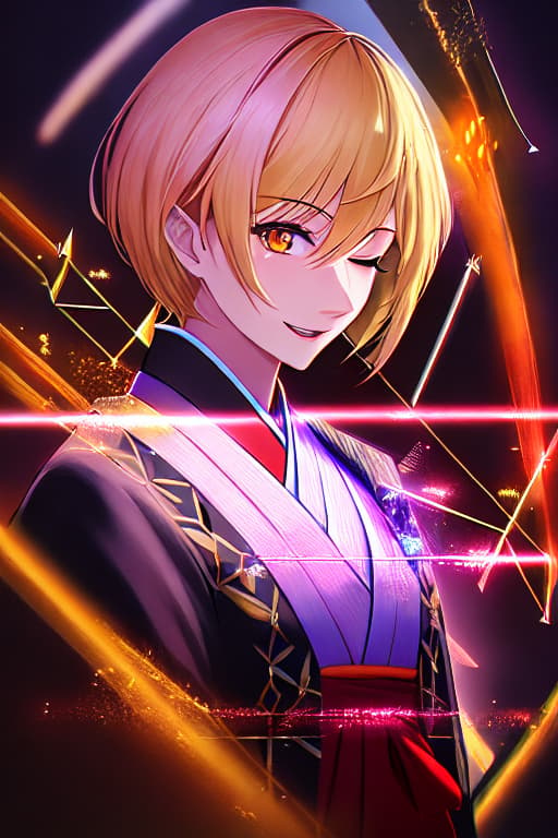  solo,looking at viewer,smile,open mouth,blonde hair,1boy,holding,male focus,one eye closed,japanese clothes,wide sleeves,kimono,hakama,hakama skirt,arrow (projectile),haori,hamaya,ema,solo,looking at viewer,smile,short hair,1boy,hair between eyes,white shirt,male focus,yellow hair,orange eyes,(Pink gradation hair:1.14), hyperrealistic, full body, detailed clothing, highly detailed, cinematic lighting, stunningly beautiful, intricate, sharp focus, f/1. 8, 85mm, (centered image composition), (professionally color graded), ((bright soft diffused light)), volumetric fog, trending on instagram, trending on tumblr, HDR 4K, 8K