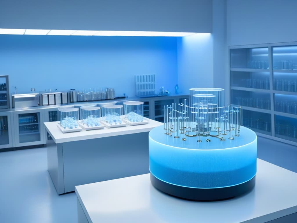  An ultradetailed image of a sleek, modern laboratory setup with intricate molecular structures floating in the background, showcasing the cuttingedge techniques used to create innovative mousses. The image features a minimalist color palette of whites, blues, and metallic tones, exuding a sense of professionalism and sophistication. hyperrealistic, full body, detailed clothing, highly detailed, cinematic lighting, stunningly beautiful, intricate, sharp focus, f/1. 8, 85mm, (centered image composition), (professionally color graded), ((bright soft diffused light)), volumetric fog, trending on instagram, trending on tumblr, HDR 4K, 8K