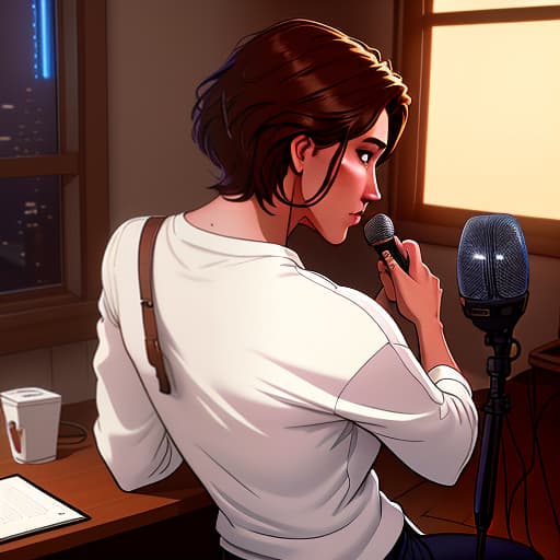  a fair guy with brown hair sits late and writes a song at home, in a room, there is a microphone on the table, view from the back, a neon lamp on the right on the table hyperrealistic, full body, detailed clothing, highly detailed, cinematic lighting, stunningly beautiful, intricate, sharp focus, f/1. 8, 85mm, (centered image composition), (professionally color graded), ((bright soft diffused light)), volumetric fog, trending on instagram, trending on tumblr, HDR 4K, 8K