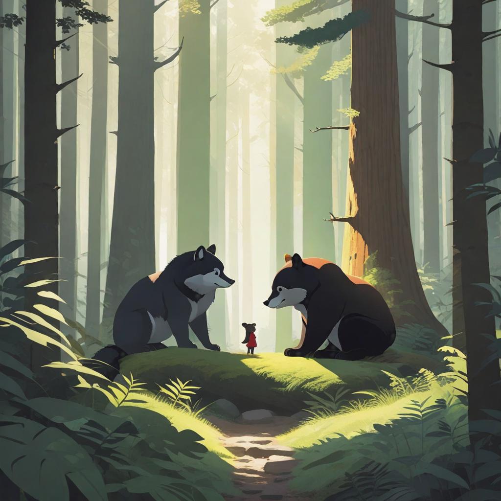  ((((Based on the original image, reflect the following:
1. Add more texture to the distant background elements to create a sense of depth.
2. Incorporate more subtle details in the interactions and expressions of the characters to clarify their relationships.
3. Diversify the lighting by emphasizing the contrast of light and shadow in certain areas of the forest, creating visually richer layers.)))) hyperrealistic, full body, detailed clothing, highly detailed, cinematic lighting, stunningly beautiful, intricate, sharp focus, f/1. 8, 85mm, (centered image composition), (professionally color graded), ((bright soft diffused light)), volumetric fog, trending on instagram, trending on tumblr, HDR 4K, 8K