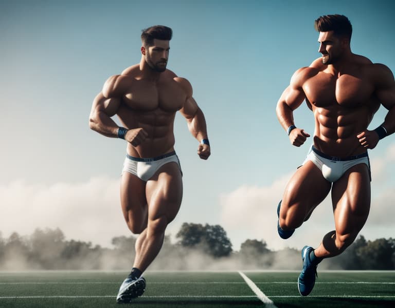  Two handsome muscular guys are naked and running happily on the football field, semen and sweat, blue sky hyperrealistic, full body, detailed clothing, highly detailed, cinematic lighting, stunningly beautiful, intricate, sharp focus, f/1. 8, 85mm, (centered image composition), (professionally color graded), ((bright soft diffused light)), volumetric fog, trending on instagram, trending on tumblr, HDR 4K, 8K