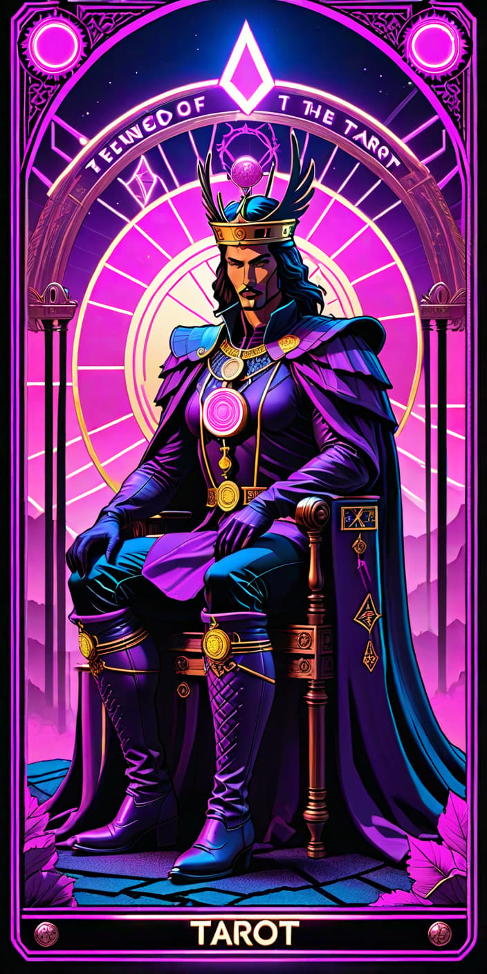  neonpunk style The Tarot card, The King of Pentacles. . cyberpunk, vaporwave, neon, vibes, vibrant, stunningly beautiful, crisp, detailed, sleek, ultramodern, magenta highlights, dark purple shadows, high contrast, cinematic, ultra detailed, intricate, professional hyperrealistic, full body, detailed clothing, highly detailed, cinematic lighting, stunningly beautiful, intricate, sharp focus, f/1. 8, 85mm, (centered image composition), (professionally color graded), ((bright soft diffused light)), volumetric fog, trending on instagram, trending on tumblr, HDR 4K, 8K