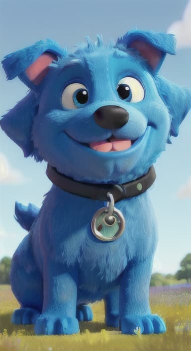  {A happy, big blue dog wagging its tail in a colorful meadow, The big blue dog is large with sky blue fur, big round eyes, a black nose, and floppy ears.